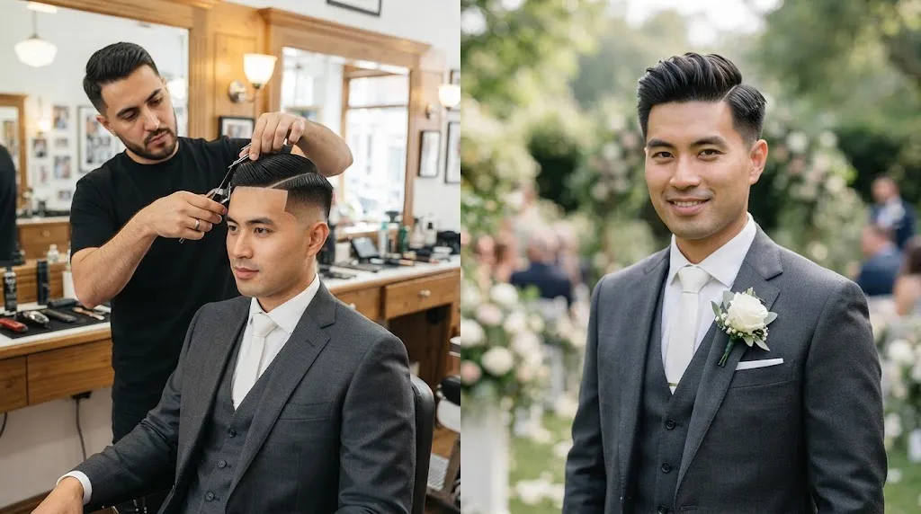 A professional barber cutting a groom's hair in a barbershop compared to the final styled wedding hairstyle on the groom's wedding day