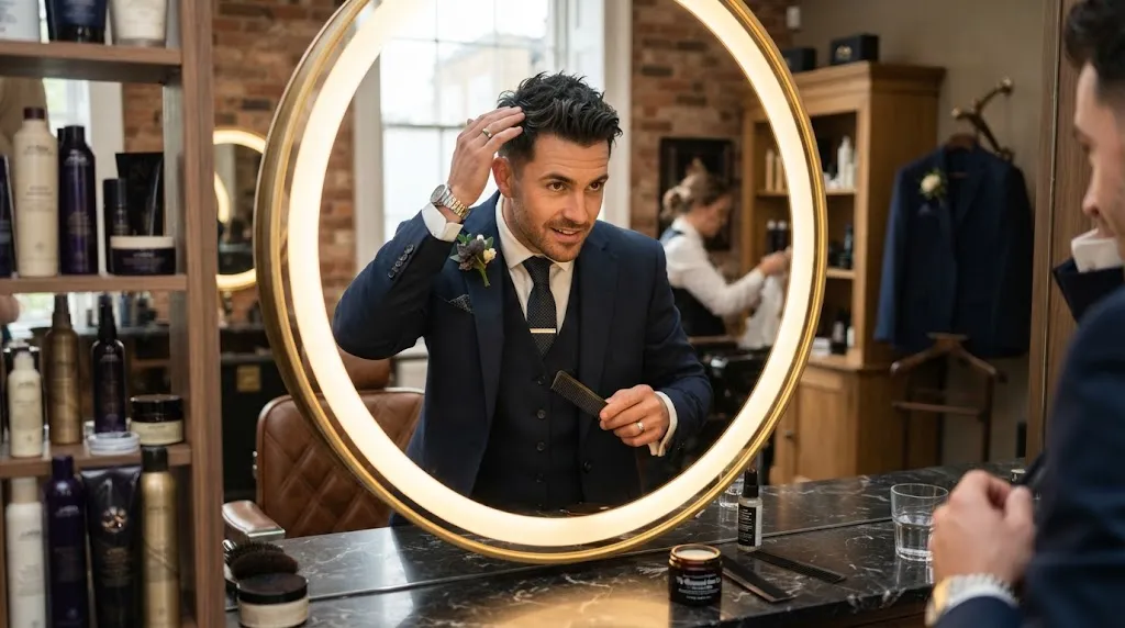 A handsome groom adjusting his hair and looking in the mirror to choose the right wedding hairstyle and haircut