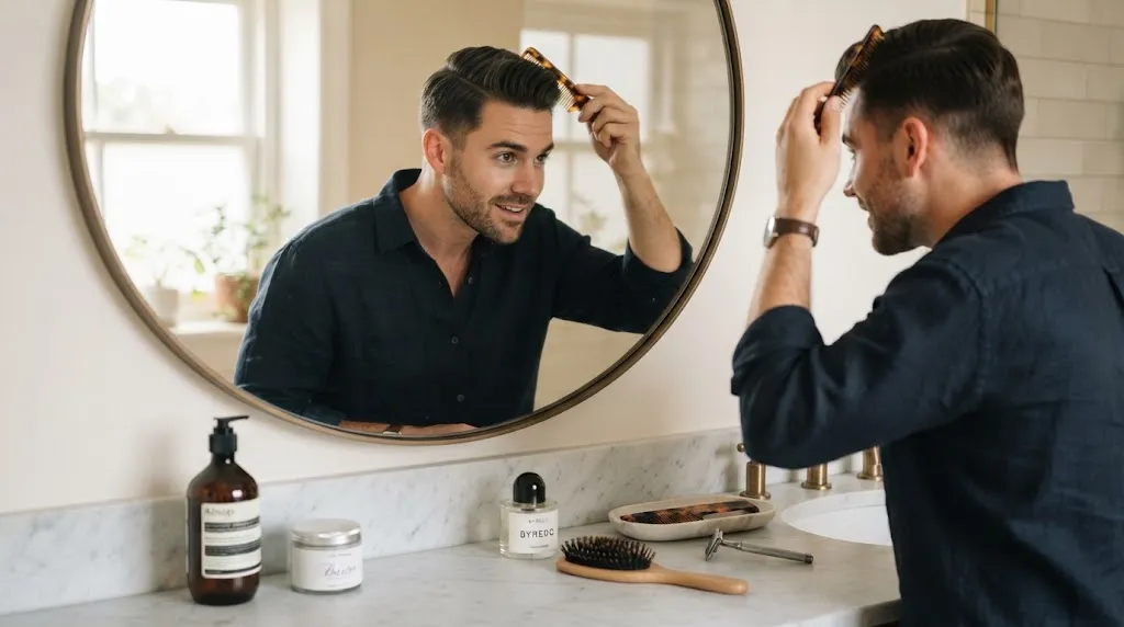 A well-groomed man styling his hair in front of a mirror with grooming products for wedding preparation