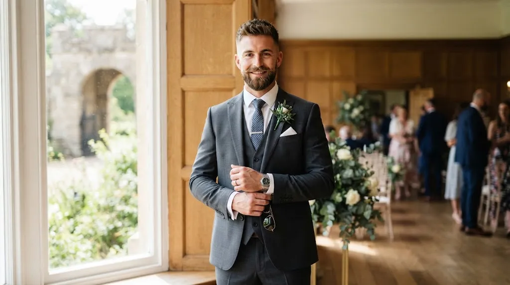 A handsome groom with a modern haircut and clean-styled short beard looking in the mirror, perfect for matching hairstyles with facial hair.