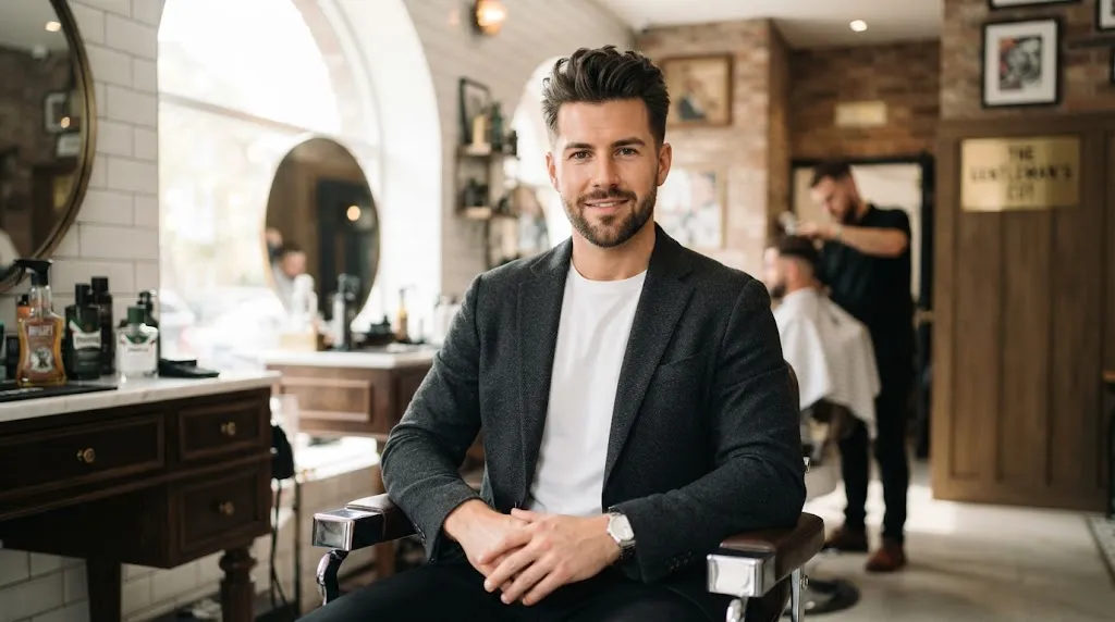 A well-groomed man with a stylish modern haircut sitting in a professional salon, representing realistic wedding hairstyle expectations.