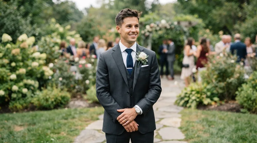 A well-groomed groom with a stylish haircut outdoors handling breezy and humid wedding day conditions