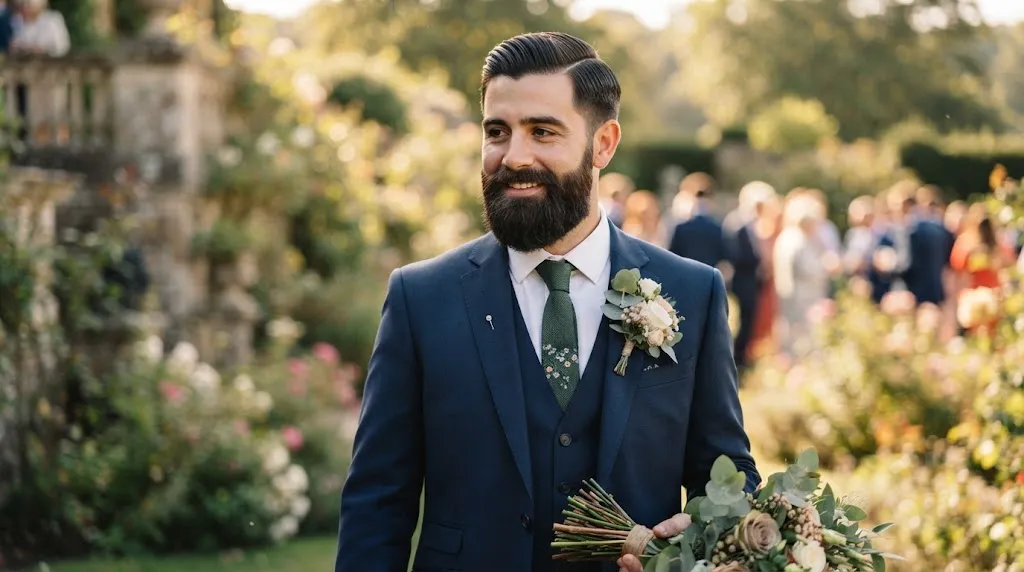 A handsome groom featuring a stylish haircut and a well-groomed full beard wearing a classic wedding suit