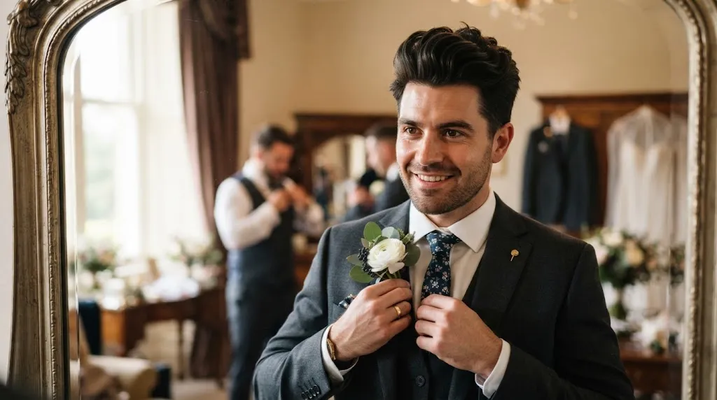 A groom with thick, voluminous hair styled neatly for a wedding day look.