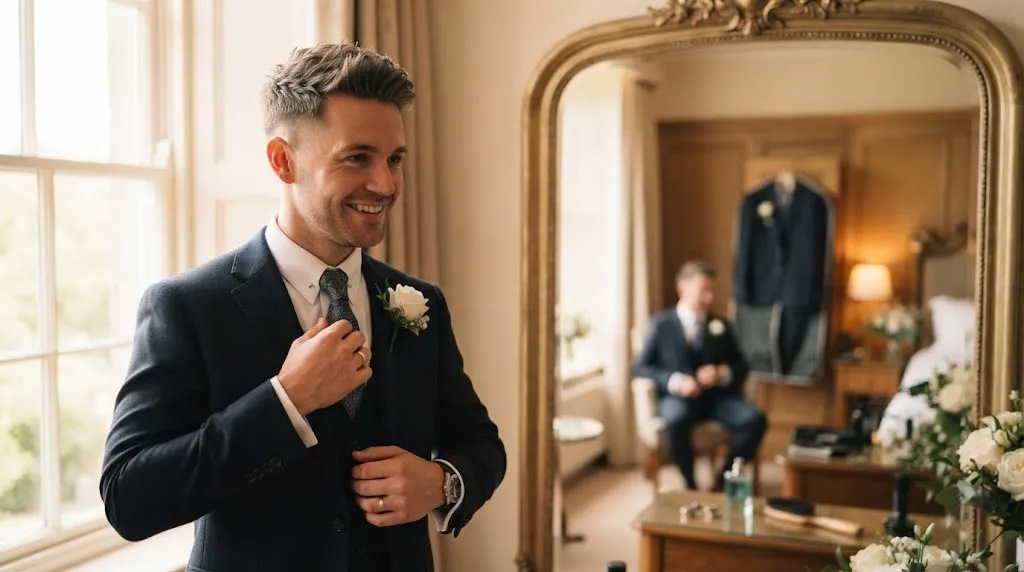 A groom with fine hair styling his hair neatly in a mirror to add volume and texture for his wedding day