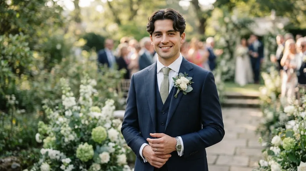 A handsome groom showcasing a modern curtain or long fringe hairstyle for a wedding day