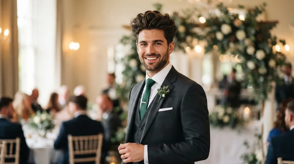 A stylish groom with voluminous, textured hair designed to prevent flat styling on his wedding day