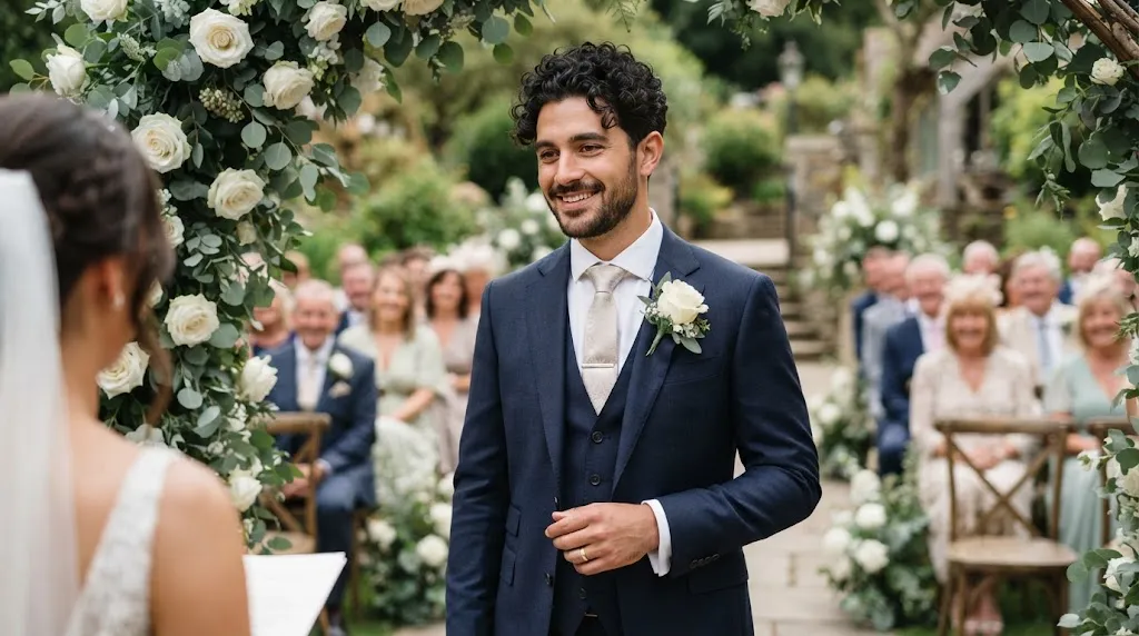 A handsome groom with a stylish and well-groomed natural curly hairstyle for a wedding day