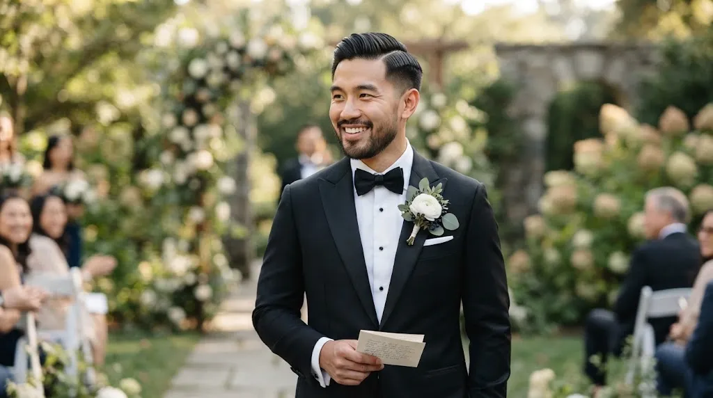 Handsome groom showcasing a classic side-part wedding haircut and sharp tuxedo for 2026