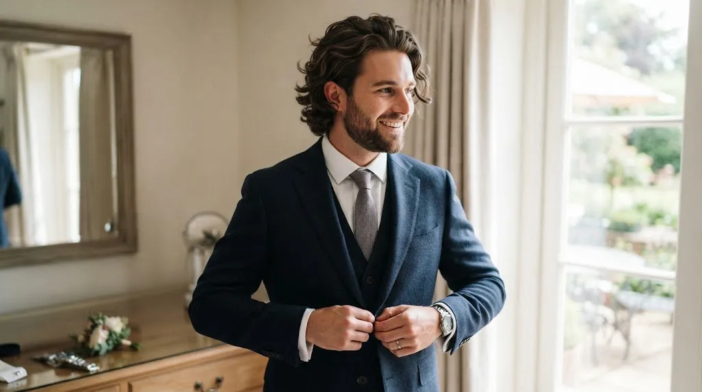 A handsome groom with natural wavy hair wearing a sharp navy blue wedding suit and smiling near a window.