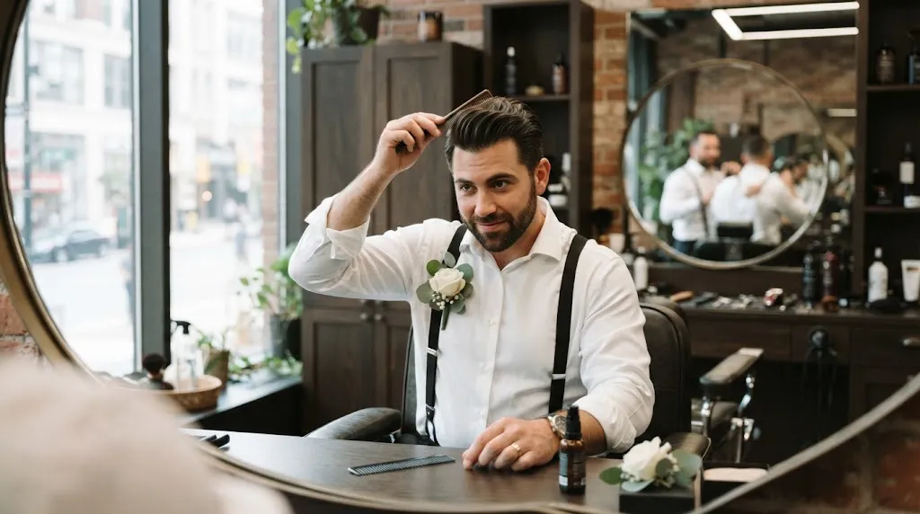 A stylish groom adjusting his hair volume in front of a mirror at a modern barbershop