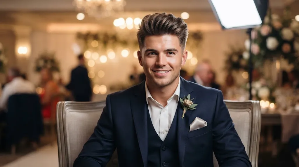 A handsome groom sitting at a wedding reception showcasing a professional, photogenic haircut that looks sharp and structured on camera