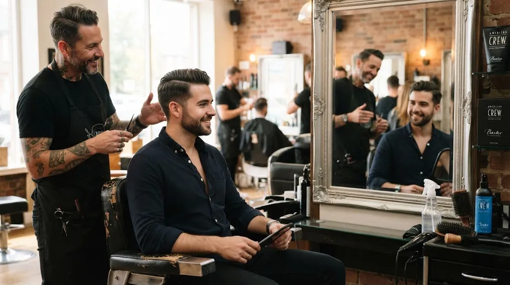 A groom checking his new haircut and wedding hairstyle in the mirror at a professional hair salon before the big day.