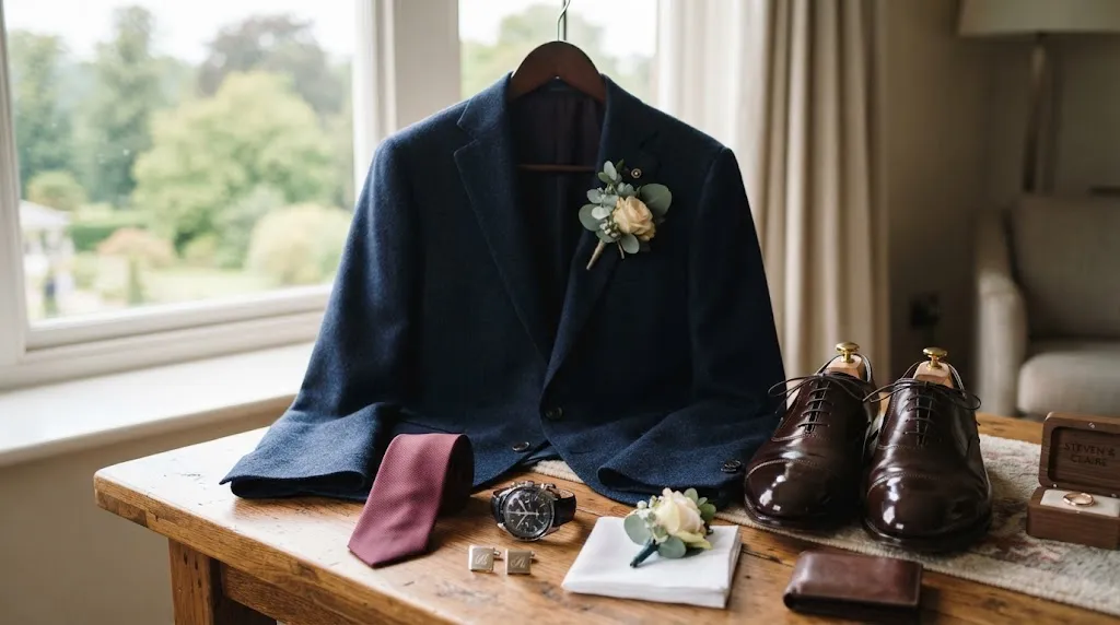 A neat arrangement of a groom's wedding morning essentials including a tailored suit jacket, tie, watch, and shoes in soft natural lighting.