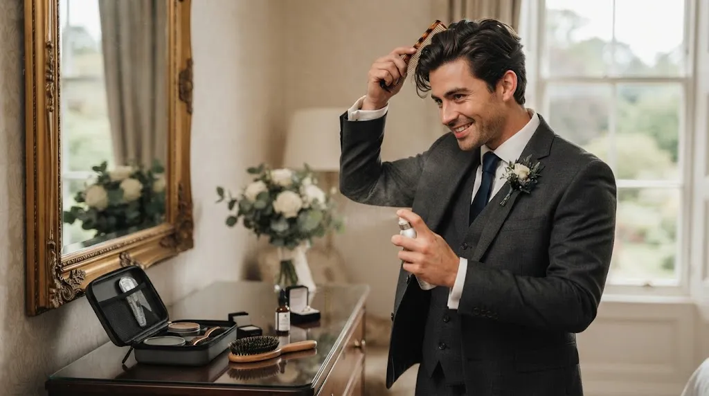 Groom in tuxedo using hairspray and comb to set his hairstyle for wedding day