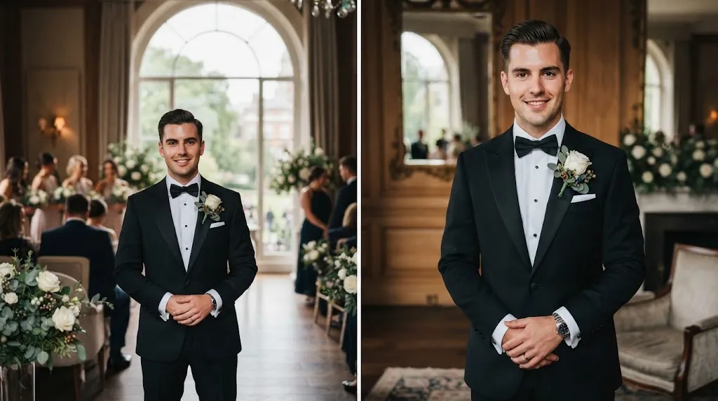 A handsome groom with a structured, long-holding classic side part haircut wearing a tailored tuxedo on his wedding day.