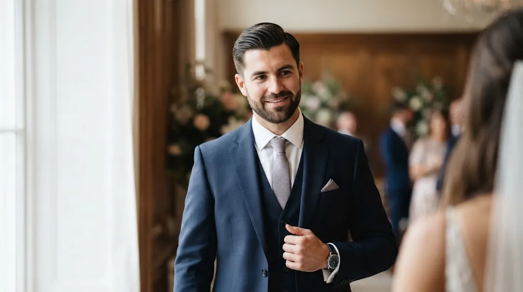 A close-up of a stylish groom on his wedding day with a perfectly groomed, matte-finish hairstyle, looking confident in a navy suit without any greasy or shiny appearance.