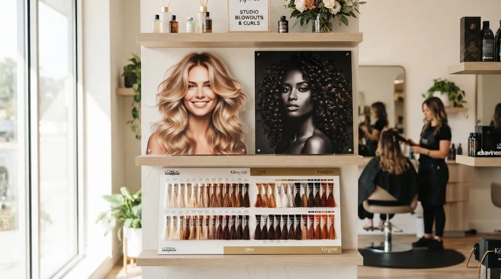 High-resolution display of professional hair background PNGs featuring soft studio blowouts and textured dark curls for modern salon branding and photo editing.