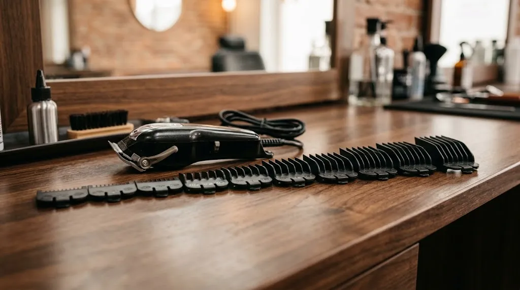 Professional hair clipper guards arranged by size next to clippers for haircut fade length comparison