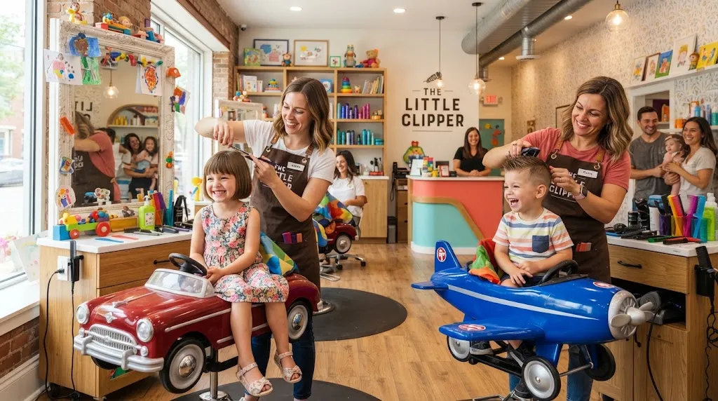 A professional salon photo showing stylish haircuts and styling inspiration for young girls and boys with natural, neat hairstyles.
