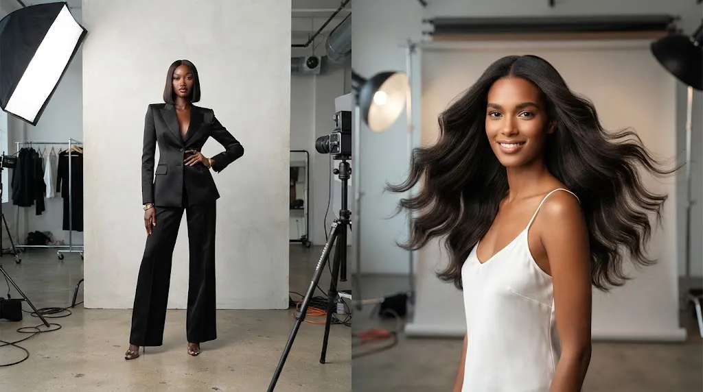 Professional comparison showing a fashion model focusing on wardrobe and height alongside a specialized hair model showcasing pristine, glossy hair.