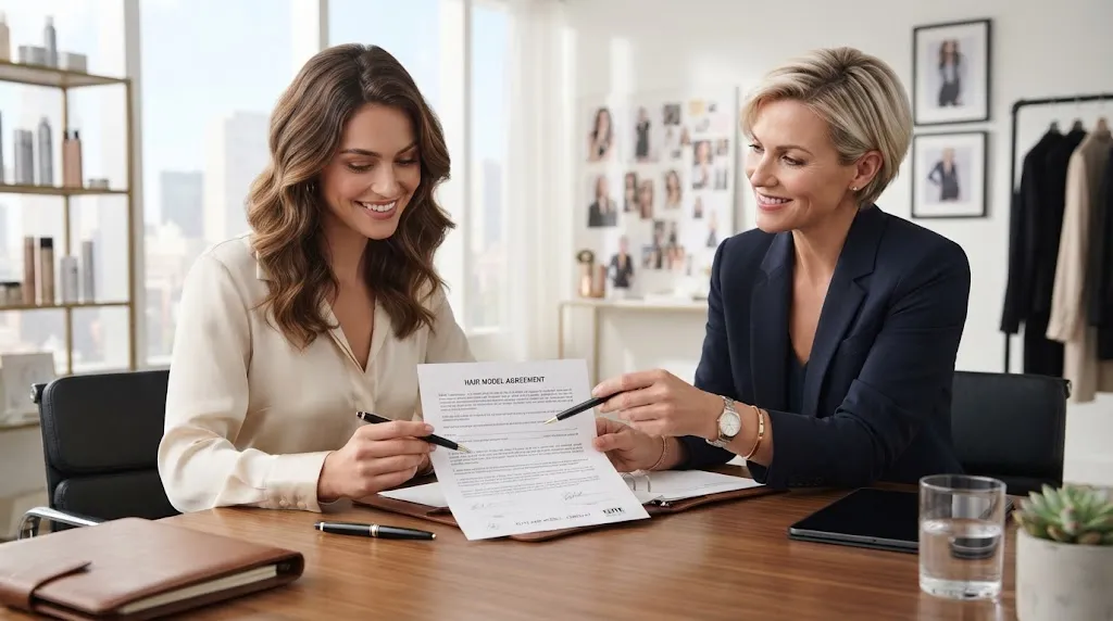 Professional reviewing a hair modeling contract and model release agreement in a studio setting
