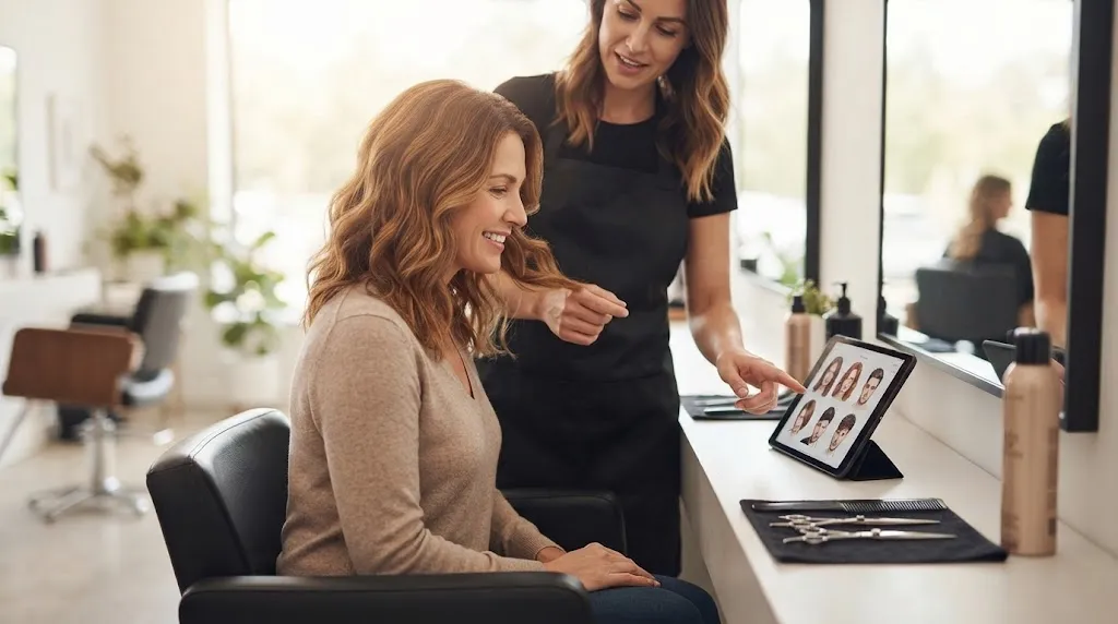 smiling woman in a salon chair reviewing haircut options on a tablet with her hairstylist during a consultation.