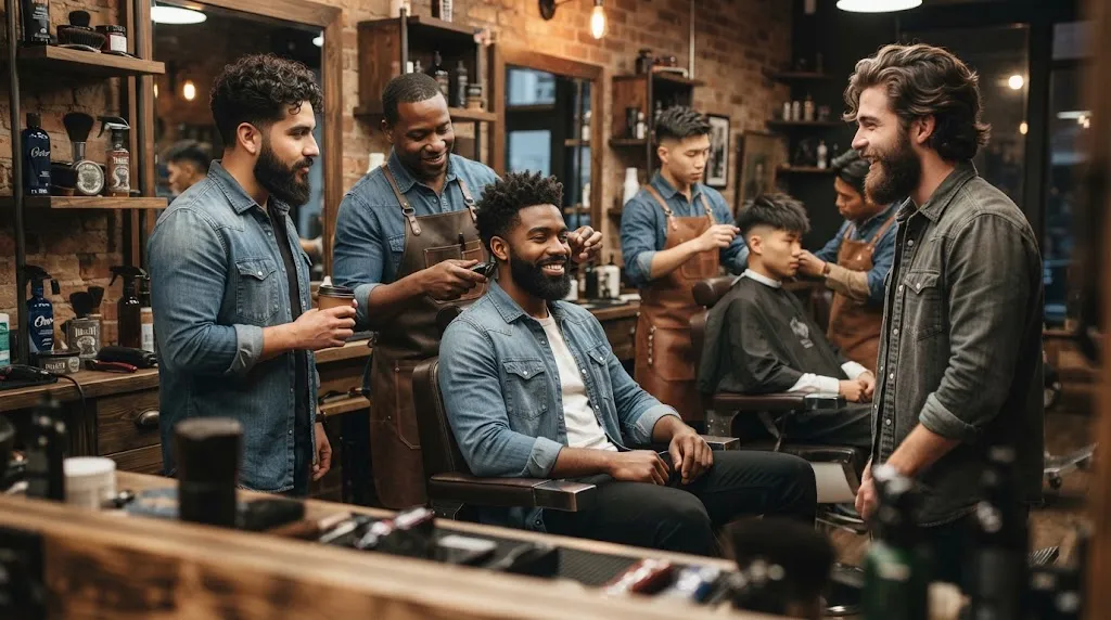 Diverse men showcasing straight, wavy, curly, and coily hair and beard texture compatibility for modern styling.