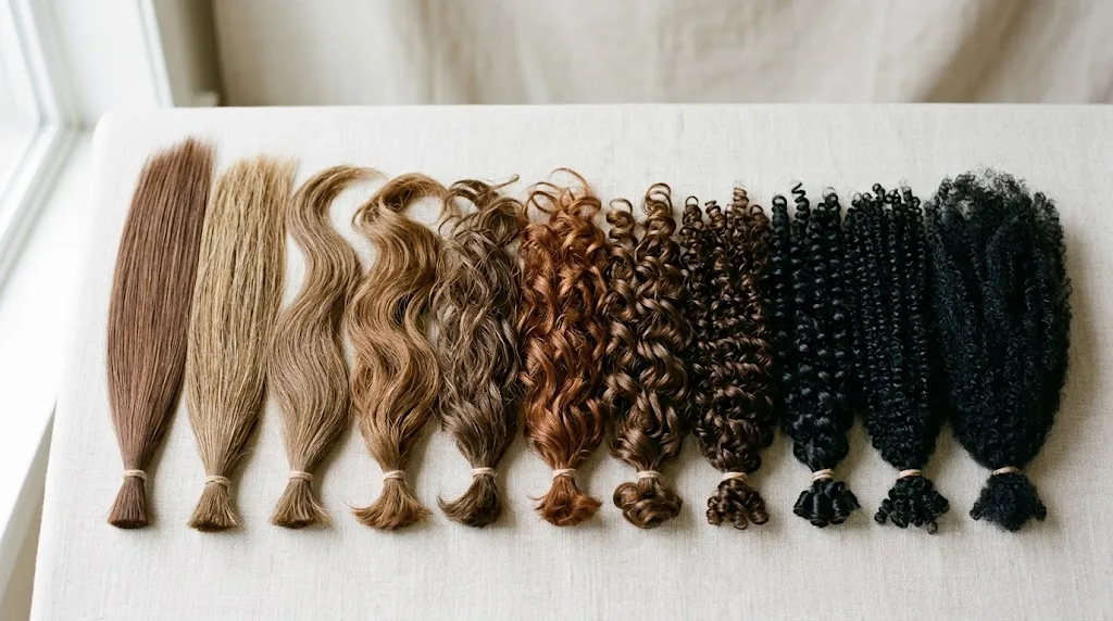 Realistic hair texture chart showing hair types from 1A straight, 2A-2C wavy, 3A-3C curly, to 4C coily hair.