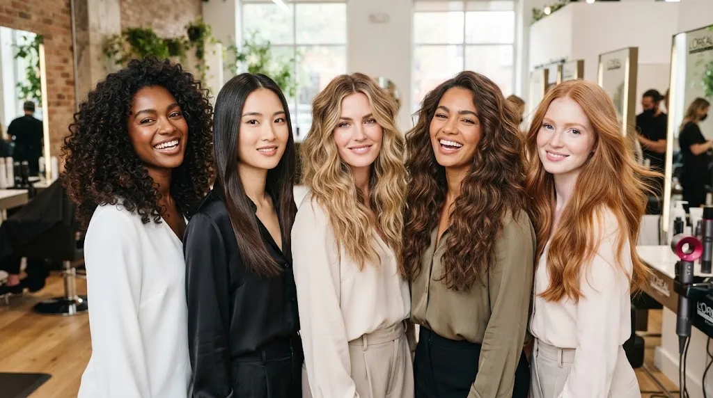 Diverse hair types including thick, wavy, and straight long hair showing different textures for layered step haircuts