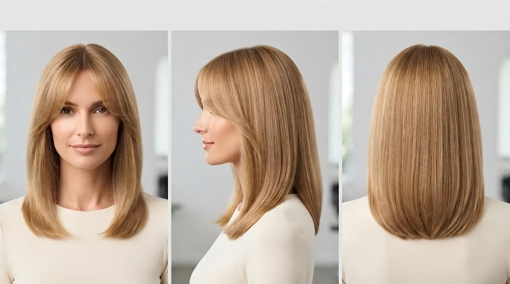 Front, side, and back views of a woman's medium-length layered hairstyle with curtain bangs
