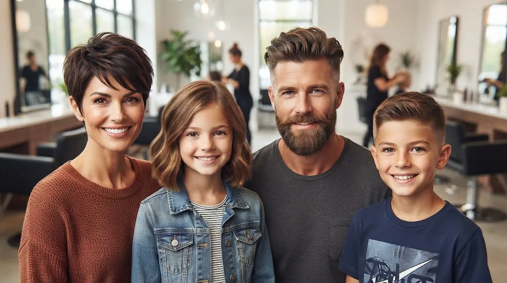 Group portrait of a woman, man, girl, and boy in a modern salon, showcasing various modern haircut styles for all ages.