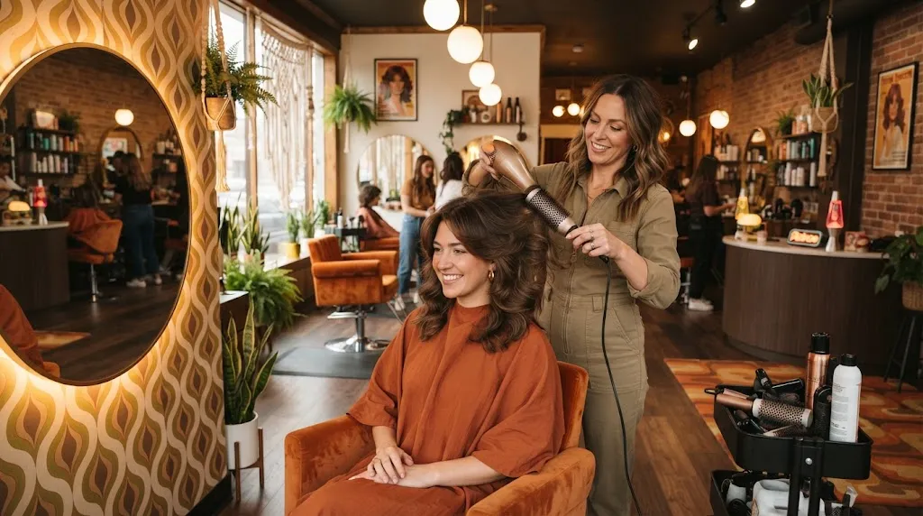 Professional stylist working on a modern client's hair featuring vintage-inspired feathered layers and volume representing haircut trends making a comeback.