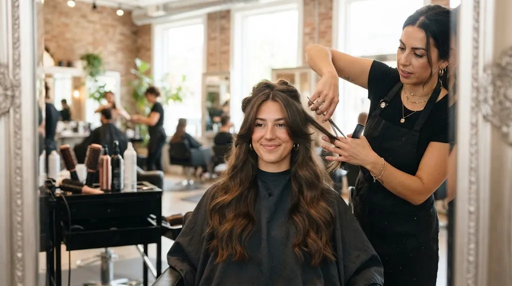 Professional hairstylist cutting long hair to add face-framing layers without sacrificing length