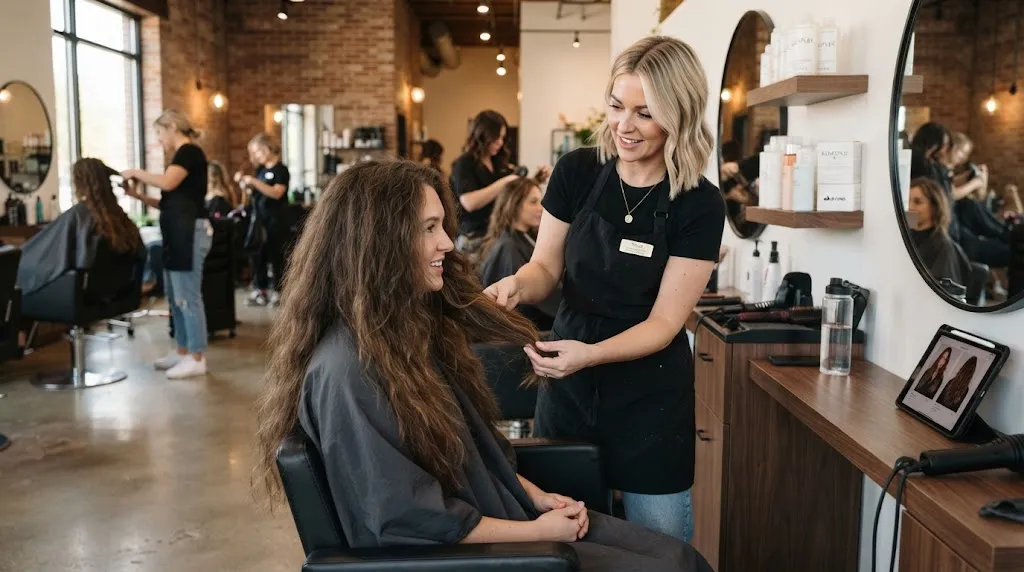 Professional hairstylist explaining why blunt cuts and heavy layers should be avoided for long thick hair in a salon.