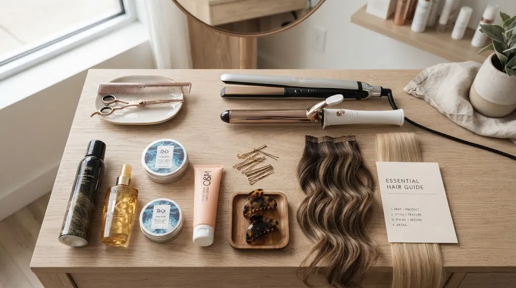 Professional hair styling tools and products arranged for a quick reference hairstyle guide and tutorial