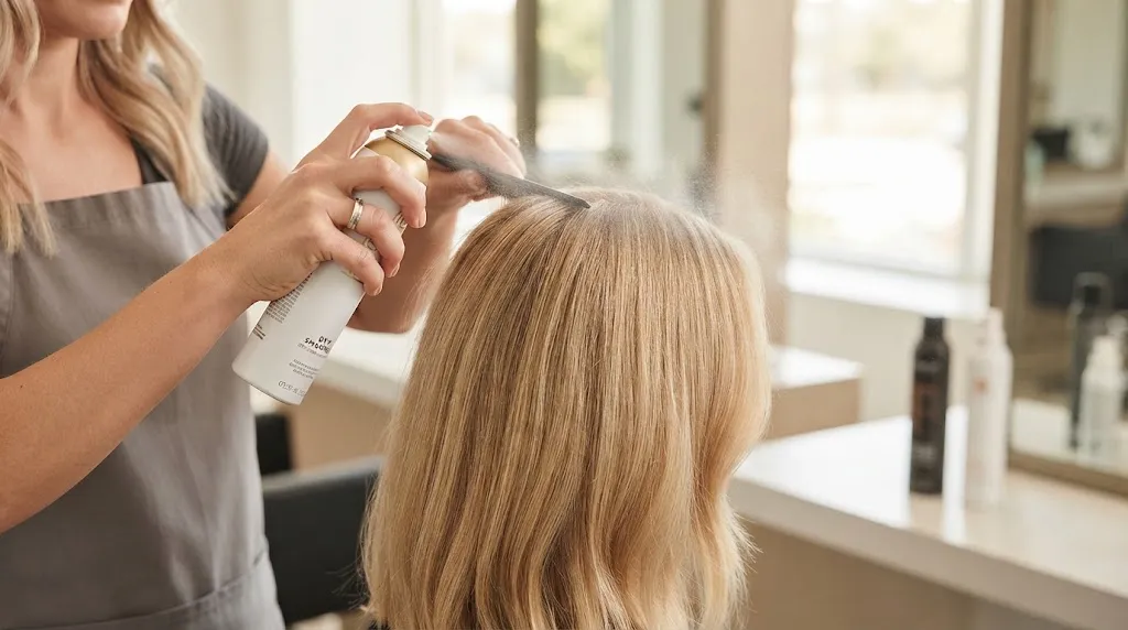 A professional hairstylist uses a tail comb and a can of dry shampoo to apply a fine mist of product to the roots of clean, blonde hair in a salon.