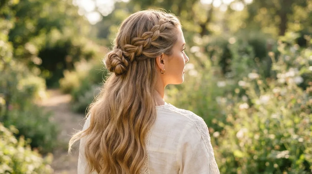 Close-up of a young woman with a stylish half-braid crown and soft flowing open hair in natural sunlight