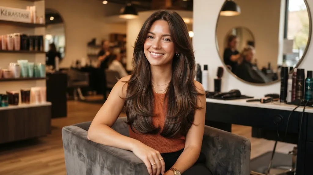 A stylish woman showcasing a half layer cut for long hair with soft, defined tiers and natural bounce in a salon setting.