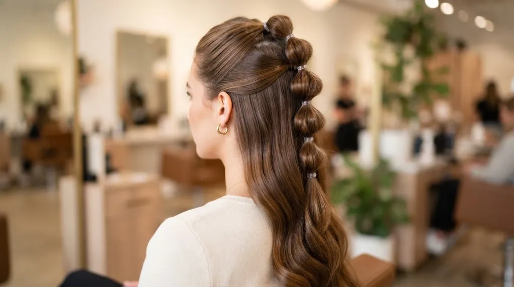 Close-up view of a young woman with a trendy half-up bubble braid hairstyle featuring rounded sections tied with clear elastics.
