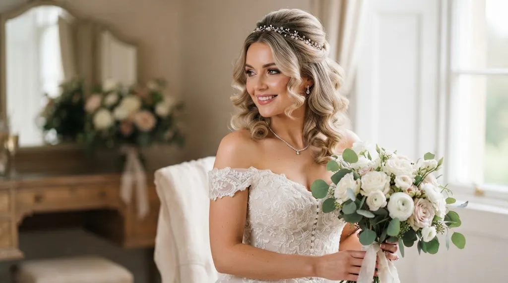 Elegant bride with a half-up crown wedding hairstyle and voluminous side curls framing a slim face shape