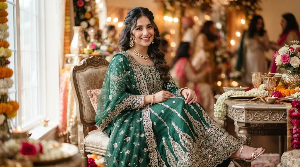 South Asian woman showcasing a chic half-up half-down hairstyle with soft waves, perfectly styled with a traditional embroidered Anarkali suit.