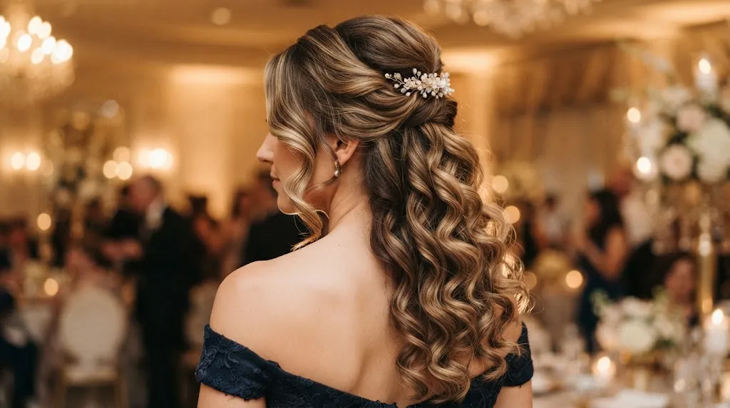 A woman showcasing a sophisticated half-up half-down hairstyle with cascading curled hair and soft romantic waves for a formal event