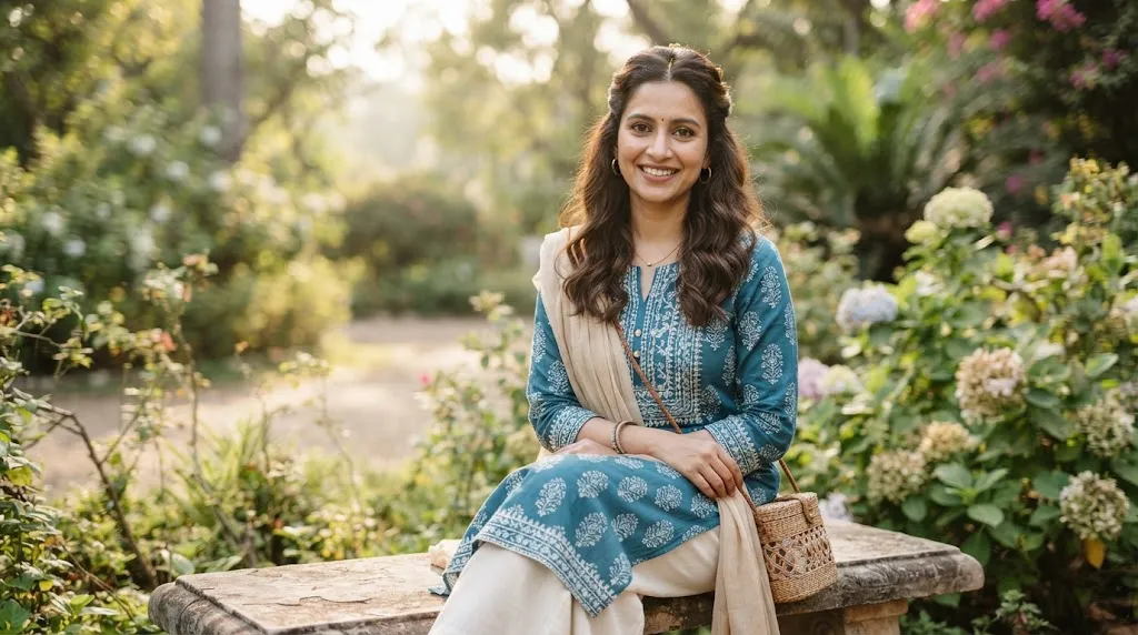 An Indian woman wearing a stylish half-up half-down hairstyle with soft waves and natural ethnic wear