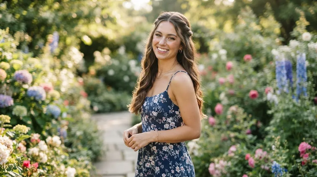 A young woman with long glossy hair styled in a half-up half-down twist matching her casual frock in a garden setting.