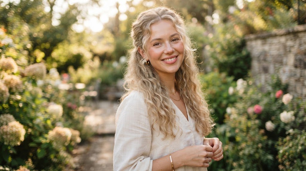 Elegant woman showcasing a half-up loose curls hairstyle with soft face-framing tendrils for everyday and special occasions