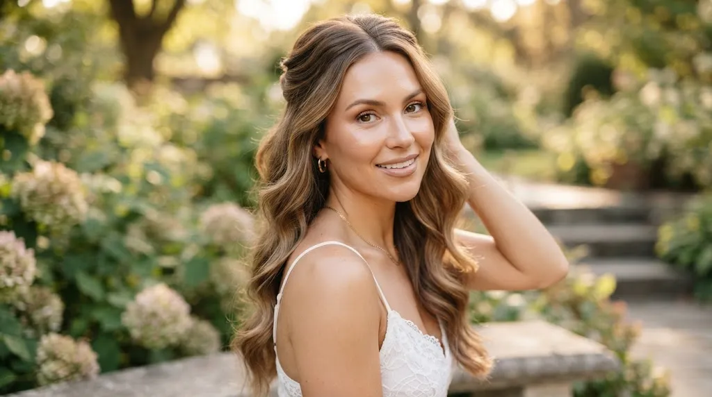 A woman with beautiful long hair styled in soft half-up romantic waves for weddings and festive looks.