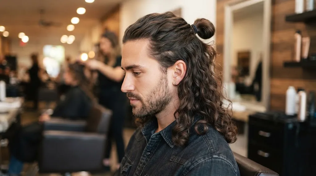 Side-angle close-up of a man wearing a stylish half-up tail hairstyle with wavy hair cascading over his shoulders.