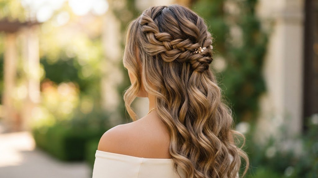 Close-up of a stylish half-up open hairstyle with twisted sections and soft cascading waves for long hair.