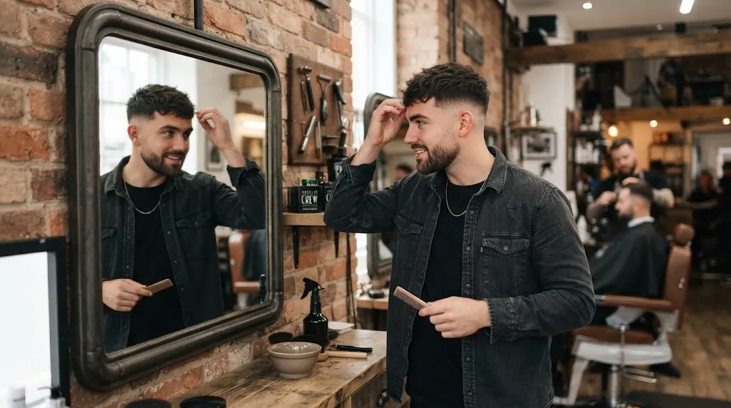A stylish young man with a grown-out textured military haircut styling his hair in a modern barbershop mirror